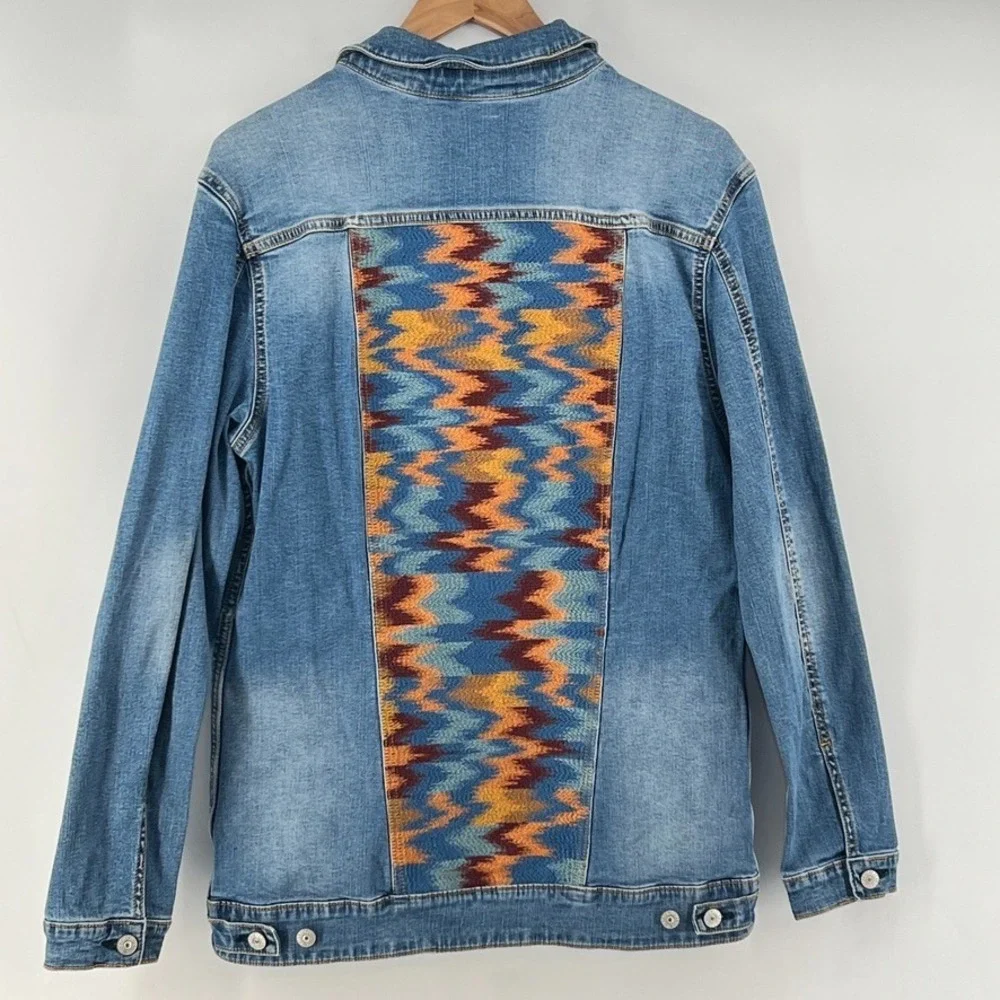 LuLaRoe Jaxon Denim Jacket XL Southwestern Aztec Knit Back Panel Boho Western